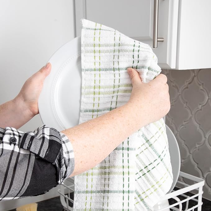 Ritz Royale Collection 100% Combed Terry Cotton, Highly Absorbent, Oversized Checked Kitchen Towel Set, 28" x 18", 2-Pack, Cactus Green