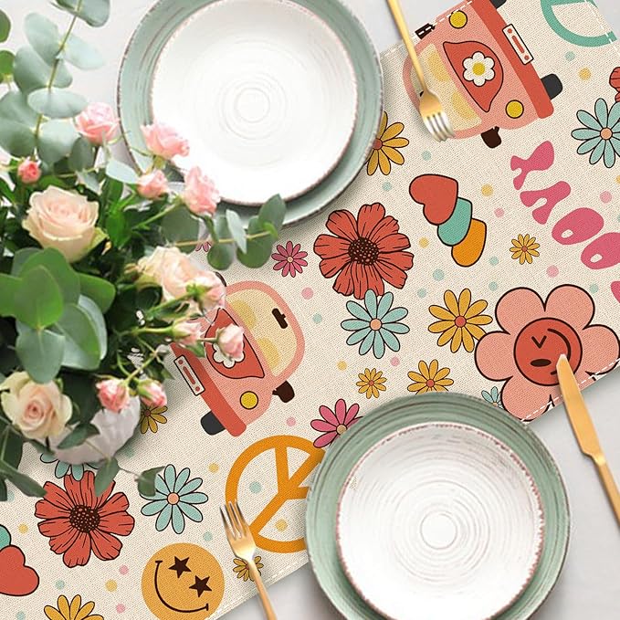Groovy Hippie Daisy Flower Dining Table Runner, Vintage Bus Floral Peace and Love Burlap Kitchen Decoration, Retro Smiling Face Indoor Outdoor Home Decor Party Supply 13 x 36 Inches