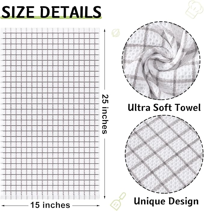 Homaxy 100% Cotton Kitchen Towels 6 Pack-15 X 25 Inches, Check Design Waffle Weave Hand Tea Towels, Super Soft and Absorbent Dish Towel for Drying Dishes, Light Grey
