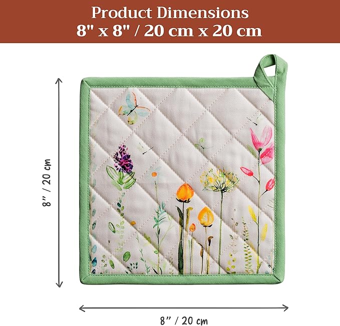 Maison d' Hermine Pot Holders 100% Cotton Heat Resistant Potholders 8" x 8" Hot Pads with Loop BBQ Cooking Baking Gifts for Mothers Day Handling Hot Pans Spring/Summer(Pack of 1, Botanical Fresh)