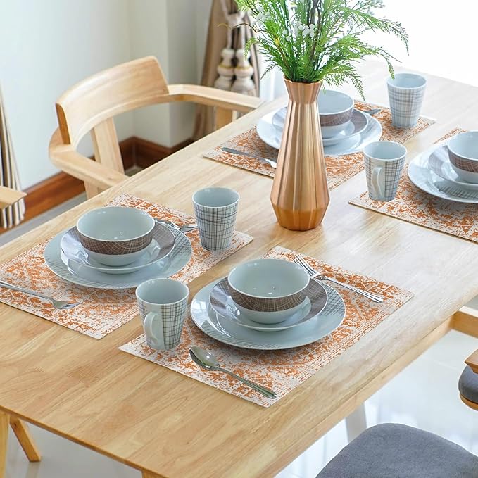 Gray Orange Boho Placemats Set of 4 Ethnic Bohemian Carpet Place Mats Washable Kitchen Dining Vintage Grey Geography Floral Linen Table Mats Stain Heat-Resistant Cloth Tabel for Home Party 12x18 in