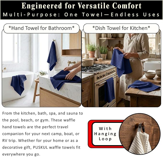 PÜSKÜL Natural 100% Turkish Cotton Waffle Kitchen Towels Set of 3 | Oeko-Tex, Premium Waffle Hand Towels for Bathroom | Soft Absorbent Quick-Dry Lint-Free Dish Towel Large 32x16 inch (3, Navy Blue)