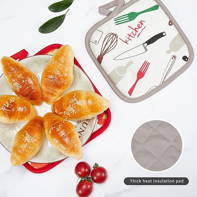 Oven Mitts and Potholders Dish Towles Set 100% Cotton for Perfect for Gifting, Baking, and Everyday Cooking Durable Heat Resistant for Kitchen and Machine Washable (3-Piece Fork and Knife)