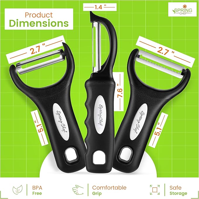 Spring Chef Vegetable Peelers for Kitchen - Stainless Steel Swivel, Y & Julienne Peelers, Potato Peelers with Soft Grip Handles, Kitchen Utensils Set of 3 for Fruits, Veggies, Apples, Carrots