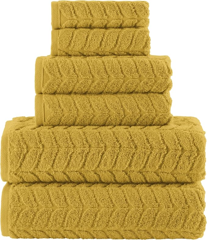 Elegant Comfort Luxury 6-Piece 100% Turkish Cotton Jacquard Braided Textured Premium Hotel Quality Towel Set– Soft and Absorbent, Includes 2 Bath Towels, 2 Hand Towels and 2 Washcloths, Amber Gold