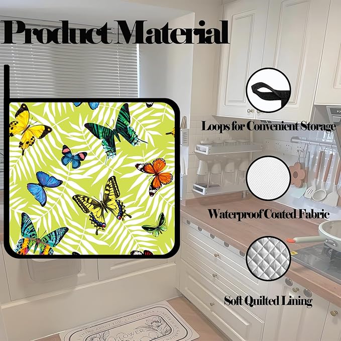 Butterfly and Leaves Pot Holders Set of 2,Kitchen Heat Resistant Potholders for Microwave Cooking Baking Oven and BBQ Gifts for Women