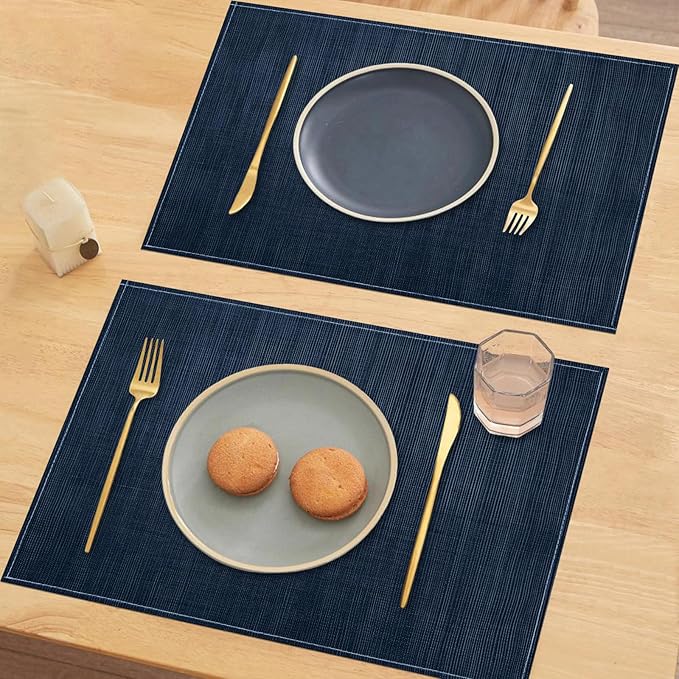 Niviy Dark Blue Placemats Set of 4, 12x18 Inch Washable Easy to Clean Heat-Resistant Anti-Skid Navy Blue Placemats for Holiday Party Kitchen Dining Room Decoration