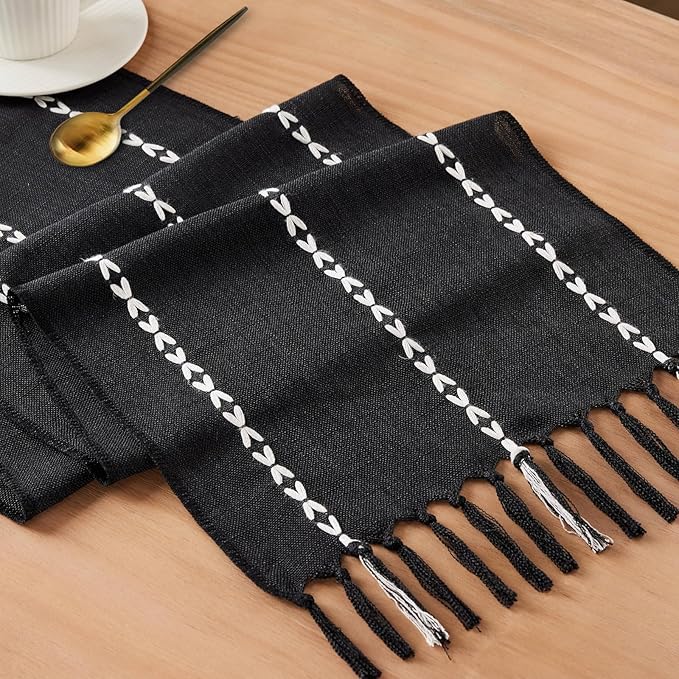 Niviy Black Table Runner 72 Inches Long, Black Christmas Decor Embroidered Striped Braided Boho Table Runner for Holiday Home Party Indoor Outdoor 12 x 72 Inch