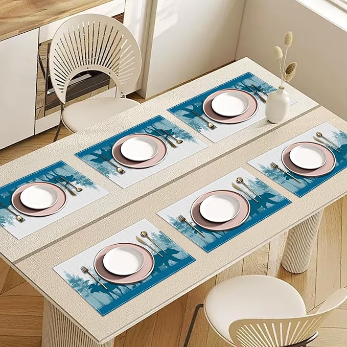 Misty Bear Deer Placemats Set of 6, Washable Heat Resistant Table Mat Forest Animal Linen Place Mats for Party Kitchen Dining Home Decor 12x18 Inch