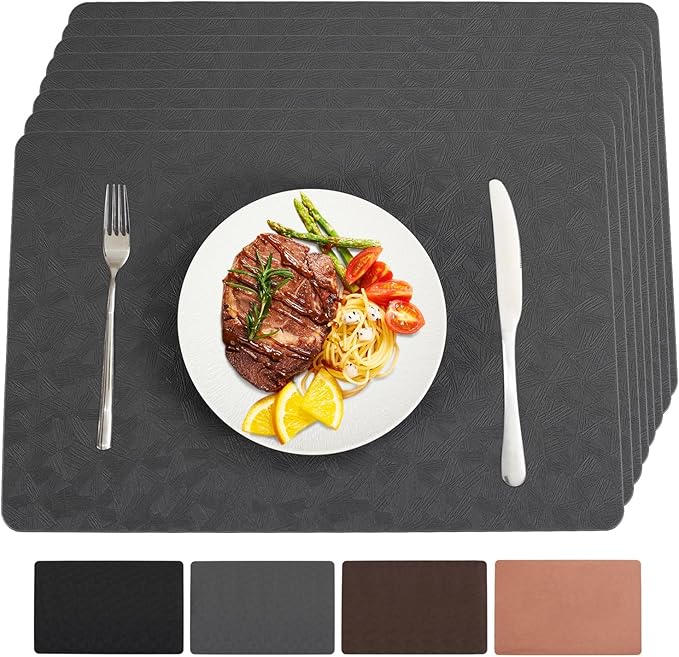 Vinyl Placemats Set of 8 Heat Resistant Easy Clean Non-Slip Place Mats for Dining Table Faux Leather Waterproof Stain Resistant Wipeable Washable PVC Table Mats(8, Gray)