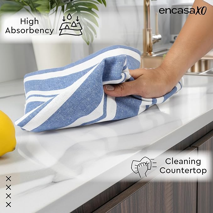 Encasa XO Cotton Kitchen Towel Set | Hand and Tea Cloth for Cleaning & Quick Drying, X-Large 28"x18" (Pack of 4) Highly Absorbent - Franca Blue Stripes