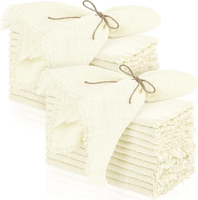 TURSTIN 24 Pieces Cotton Linen Cloth Napkin Handmade Cloth Napkin with Fringe 17 x 17 Inch Soft Cloth Dinner Wedding Napkin Square Rustic Fringe Table Napkin for Dinners, Parties, Weddings, Ivory