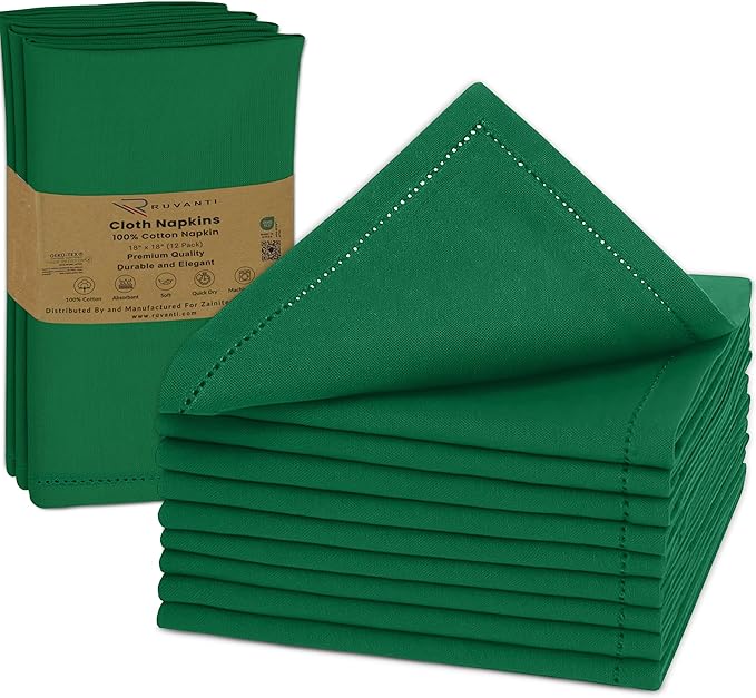 Ruvanti Cloth Napkins Set of 12, 100% Cotton High GSM 18x18 Inches, Hem Stitched Corners, Soft, Washable, Highly Durable & Absorbent, Perfect for Parties, Christmas, Thanksgiving Dinners – Amazon