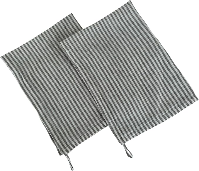 Eight Owls Stonewashed Linen Kitchen Dish Towels - 20 x 27 inch – 100% Pure Linen Tea Towel/Hand Towel - Set of 2 (Gray Stripe)