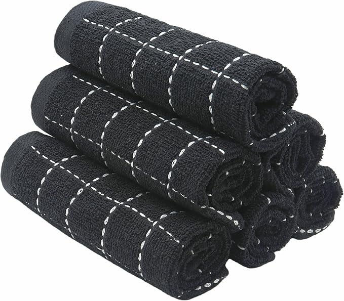 Natural Cotton Dish Cloths Waffle Weave Kitchen Towels,Ultra Absorbent Quick Drying Dish Towels, Soft Comfort Cleaning Cloth Washcloths, Set of 6 (Black, 12 x 12 Inches)