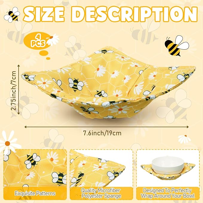 Cunhill 4 Pcs Cotton Microwave Bowl Cozy Holders for Hot Food Hot Pads Soup Bowl Potholders Heat Resistant Multipurpose Quilted Safe Holders for Kitchen Plate Supply(Bright Yellow,Bee Style)