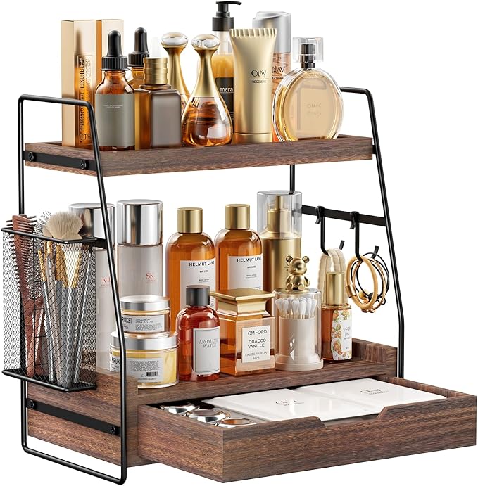 2-Tier Bathroom Counter Organizer with Drawer & Removable Basket, Wood & Metal Vanity Organizer for Skincare, Makeup, Perfume, Toiletries, Small Bathroom Counter Shelf, 13'' Rustic