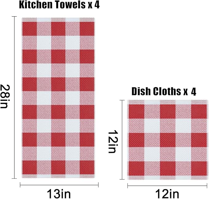 Homaxy Kitchen Towels and Dishcloths Set, 12 x 12 and 13 x 28 Inches, Set of 12 100% Cotton Waffle Weave Check Plaid Kitchen Dish Towels, Super Soft and Absorbent Dish Cloths, White & Red