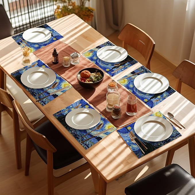 Starry Night Placemats Set of 6,Washable Heat Resistant 12×18 Inch Linen Table Mats,Place Mats for Party Outdoor Dining Décor