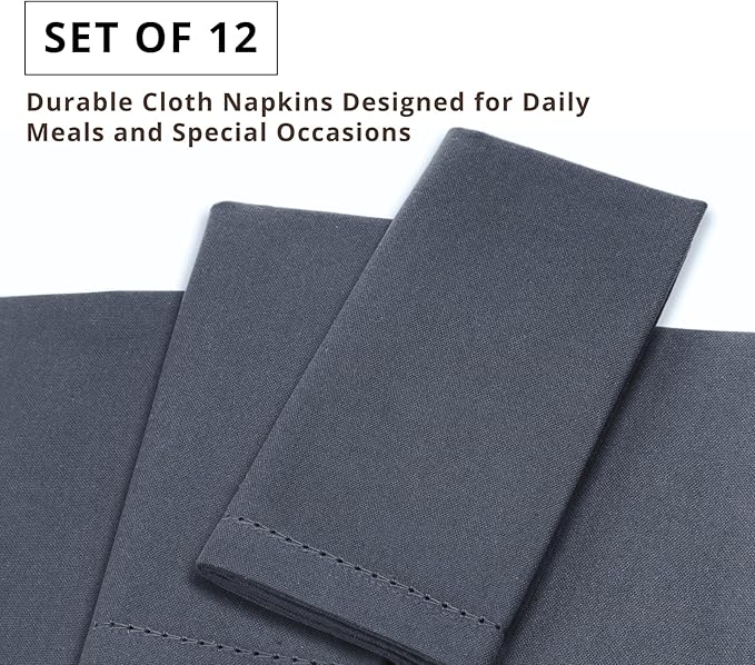 PurpleEssences Set of 12 Hemstitch Cloth Dinner Napkins 100% Cotton - Soft Durable Washable - Ideal for Wedding Spring Easter Summer - Perfect Everyday Use Table Linen 18x18 - Dark Gray