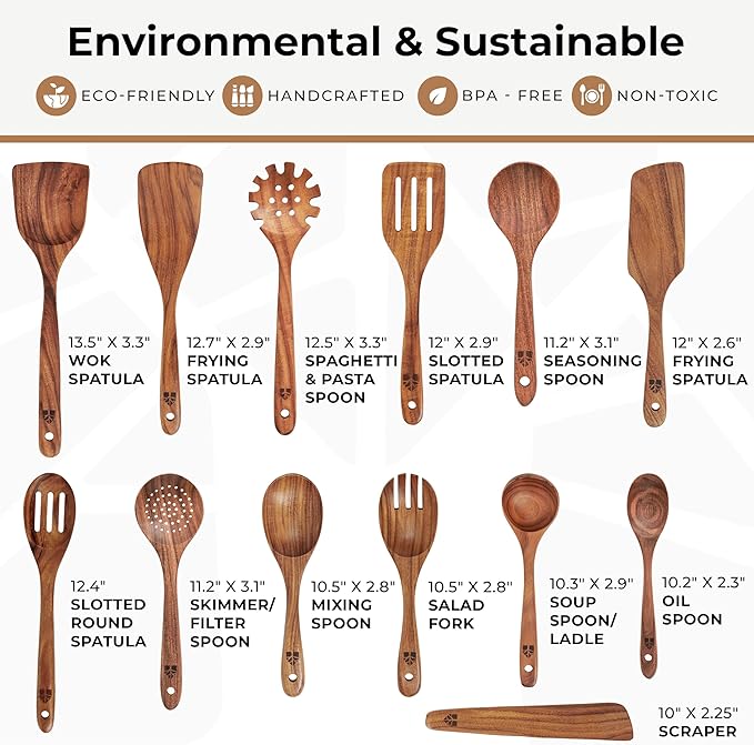 Wooden Spoons for Cooking – 13 Pcs Premium Teak Wooden Utensil Set - Durable, Safe for Nonstick Cookware, Easy to Clean & Heat Resistant Kitchen Utensils Set Wood with Ergonomic Handles
