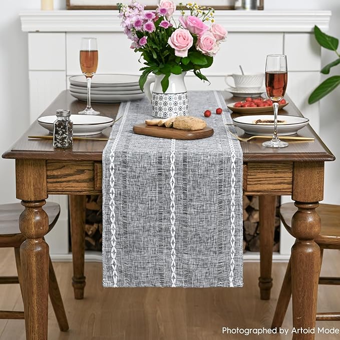 Artoid Mode Dark Grey Rustic Cotton Linen Table Runner, Seasonal Embroidered Hollow Kitchen Dining Table Decoration for Home Party Decor 13x108 Inch