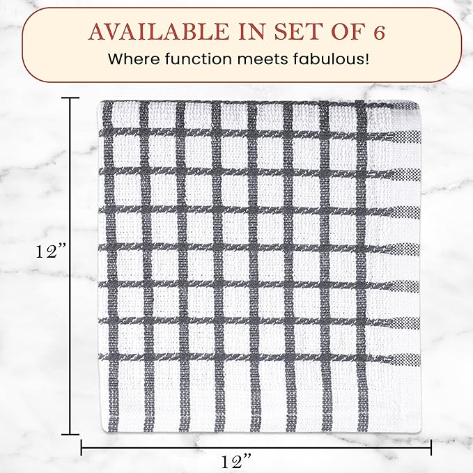 Vintage Vista 100% Cotton Dish Cloths (Pack of 6) - Dish Rags for Washing Dishes - Reusable & Highly Absorbent Kitchen Towels - Kitchen Rags fo Easter - (12" x 12" - Slate Grey Checkered)