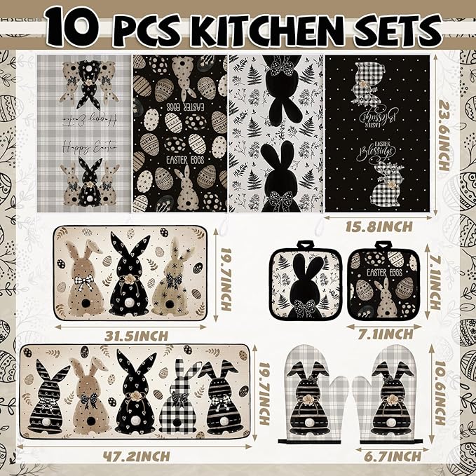 VitalCozy 10 Pcs Easter Kitchen Decor Set Oven Mitts and Pot Holders Rabbit Kitchen Towels Bunny Rugs and Mats for Chef Baking Cooking Grilling BBQ Gift