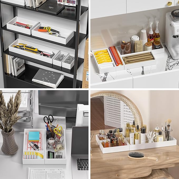 Lixple Bamboo Drawer Organizer, Narrow Silverware Organizer for Kitchen, Stackable Utensil Organizer, 2 Pcs Flatware Organizer for Drawer, Wooden Storage Box Tray (White, 12 X 3 X 2 Inch)