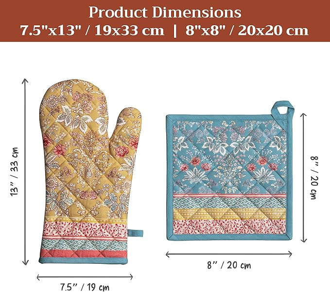 Maison d' Hermine 100% Cotton Oven Mitt & Pot Holder Set (7.5"x13" & 8"x8") Heat Resistant BBQ Cooking Gloves with Loop Baking Grilling Kitchen Gifts for Mothers Day Spring/Summer (Marquise)
