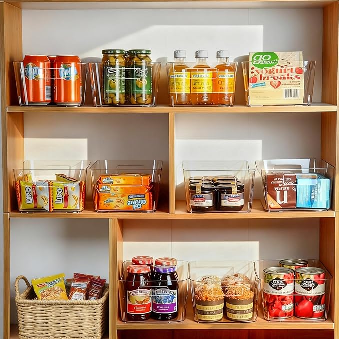 Hudgan 12 Pack Pantry Storage Bins for Kitchen Cabinet, Clear Plastic Organizer Bins for Bathroom, Pantry Organizer Containers for Home Edit, Drawer, Under Sink, Fridge and Closet
