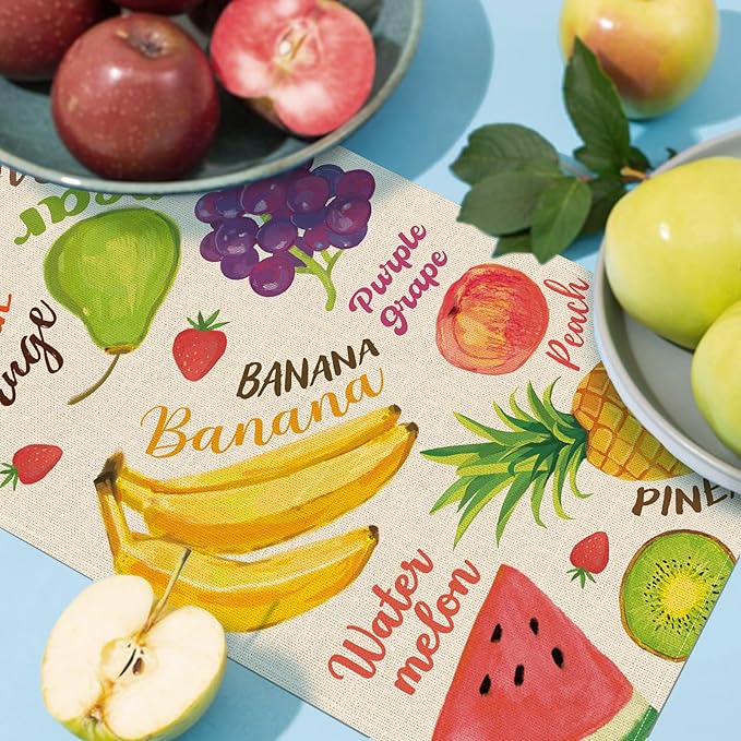 Watercolor Fruit Table Runner, Watermelon Pineapple Banana Orange Kitchen Dining Table Decoration, Spring Summer Grapes Kiwi Avocado Burlap Indoor Outdoor Home Decor Party Supply 13 x 36 Inches