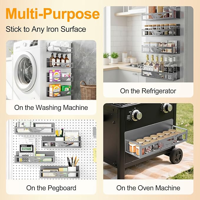 Magnetic Spice Rack for Refrigerator, 4 Pack Metal Magnetic Shelf Organizer for Fridge Side, Strong Spice Storage Rack for Kitchen, Gray