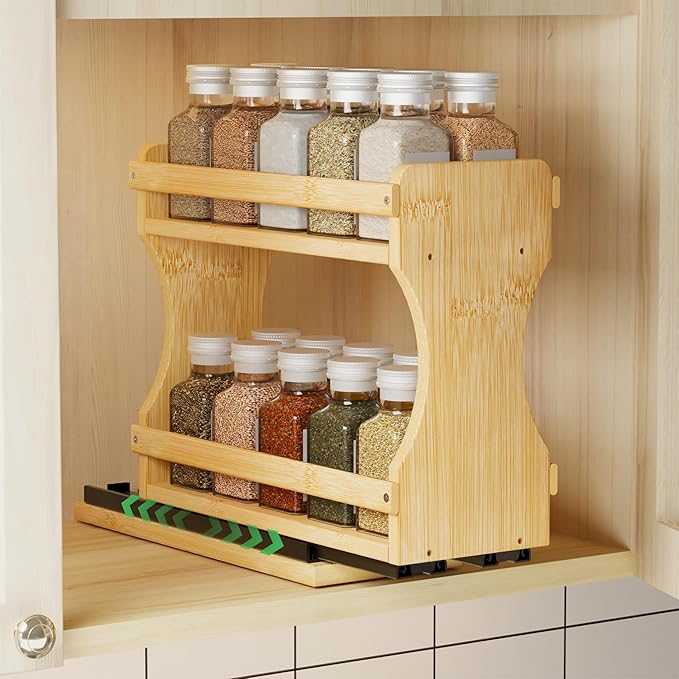 BAMEOS Pull Out Spice Rack Organizer for Cabinet, Bamboo Wide 4.2" Slide Out Seasoning Organizer for Kitchen, No Drill Anti-Tip Ball Bearing Silent Glides, Pantry Cabinet Organizer,Natural