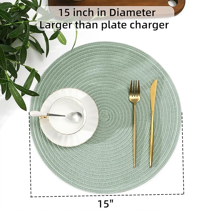 SHACOS Round Placemats Set of 6 Washable 15 inch Cotton Polyester Table Mats Woven Braided Place Mats for Dining Table, Sage Green