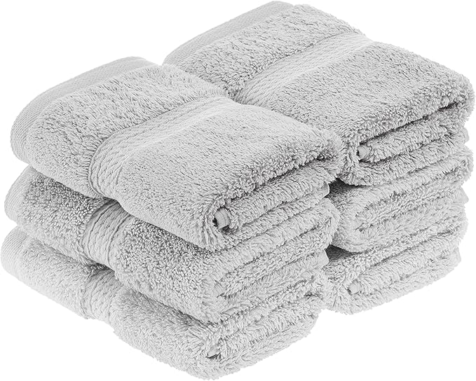 SUPERIOR Egyptian Cotton Pile Face Towel/Washcloth Set of 6, Ultra Soft Luxury Towels, Thick Plush Essentials, Absorbent Heavyweight, Guest Bath, Hotel, Spa, Home Bathroom, Shower Basics, Silver