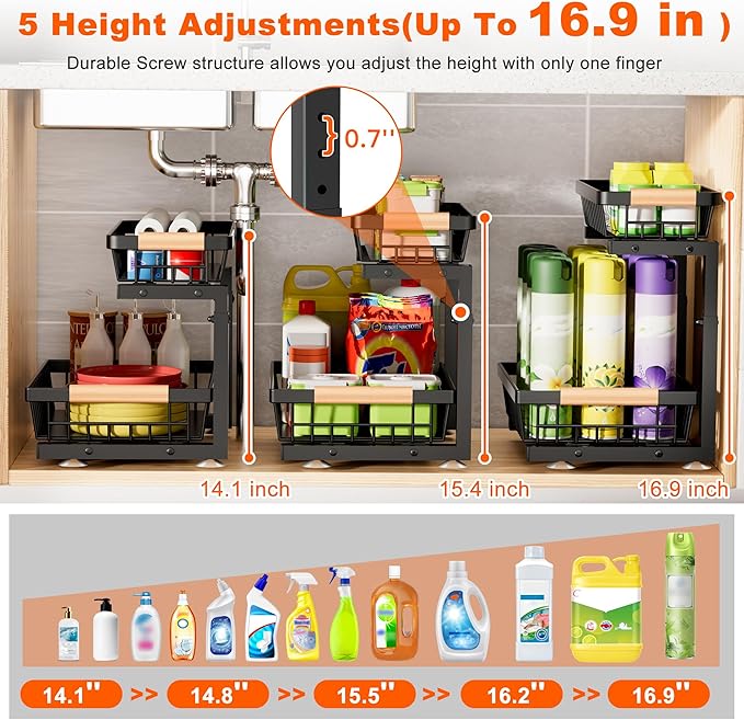 Under Sink Organizer, 2 Pack 2 Tier Under Sink Organizers and Storage, Slide Out Pull Out Cabinet Organizer Shelf, Height Adjustable Metal Drawer for Kitchen Bathroom Closet Organization Rack Black
