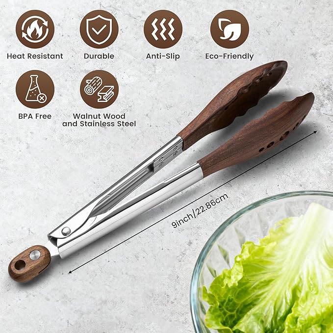 9-Inch Wooden Tongs for Cooking - Heat Resistant Natural Walnut Wood Kitchen Tongs, Stainless Steel Salad Tong with Walnut Wood Tips for Serving Food, Cooking, Tossing Salad, Grilling, BBQ (9 Inch)