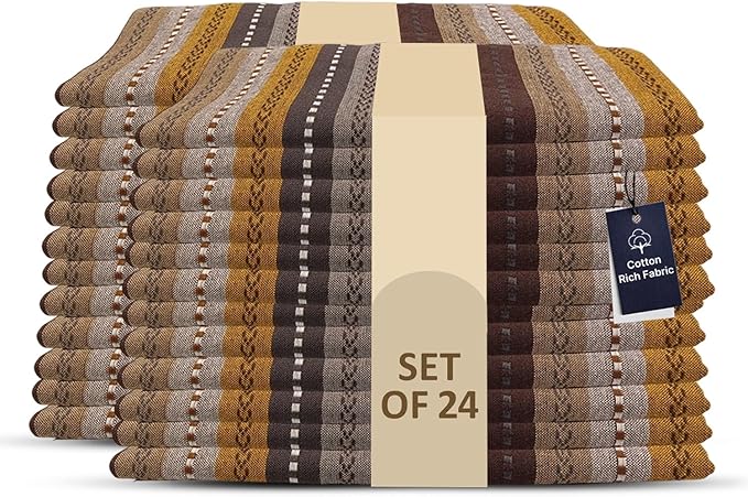 LFH Home Cotton Rich Cloth Salsa Napkin Set of 24 Washable Soft Durable Striped Table Napkins for Dining Wedding, Daily Use Reusable Eco-Friendly Napkins for Elegant Table Settings(18x18)-Rust