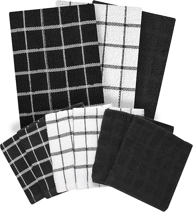 Ritz Premium 3-Pack Kitchen Towel & 6-Pack Dish Cloth Set - Highly Absorbent, Super Soft, Long-Lasting, 100% Cotton Terry Drying Cleaning Cloths, Black
