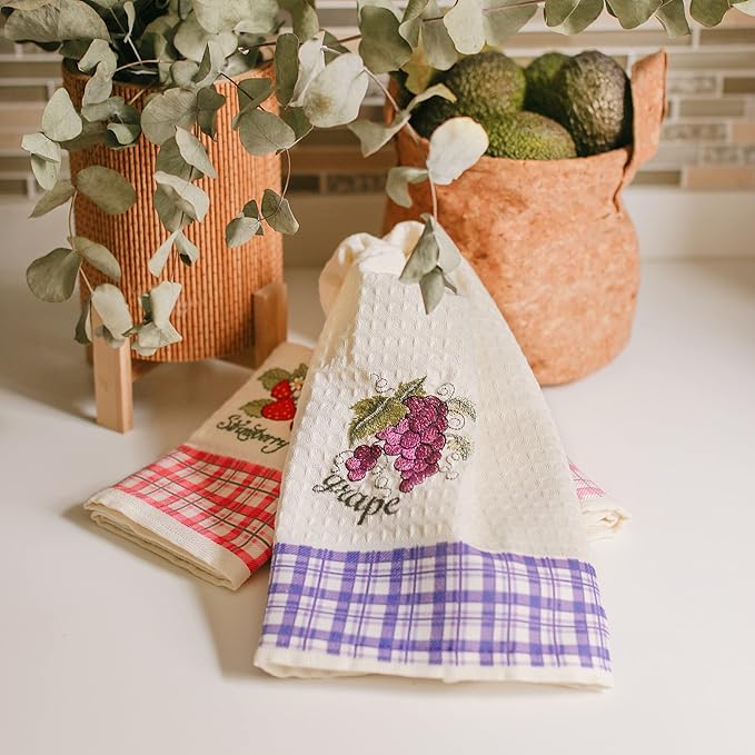 Lavien Home, Dish Towels for Kitchen, Turkish Cotton Waffle Weave Fruits Embroidered Washable Tea Towels with Plaid Housewarming Gift (Set of 4), 16 x 24 inches