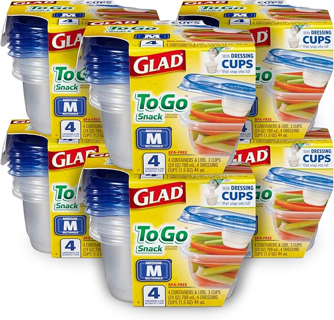 Glad GladWare To Go Lunch Food Storage Containers with Lids, Medium Round No BPA Plastic with Built-In Dressing Cup for Salads and Lunches, Microwave Dishwasher Safe, 32 Oz, 4 Count - 6 Pack