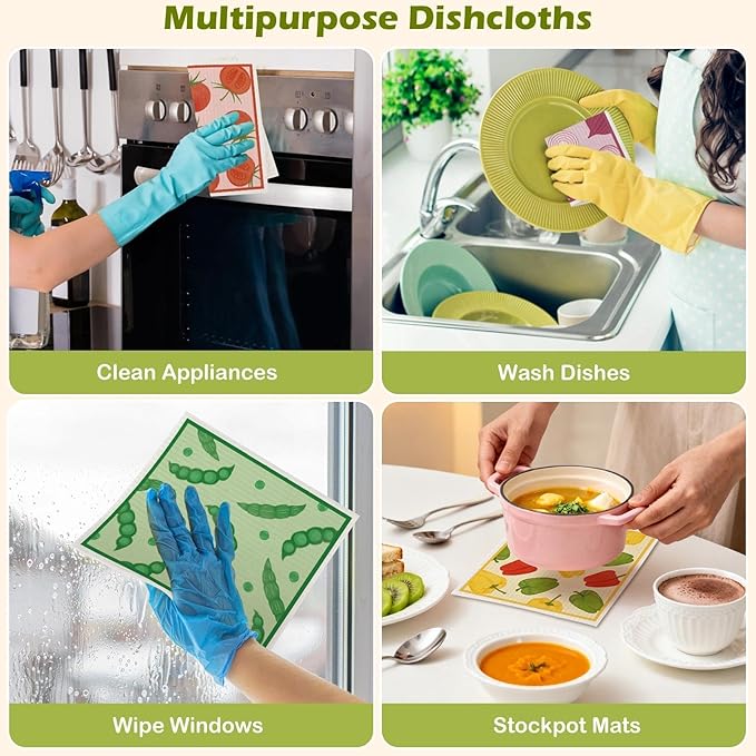 6 Packs Swedish Paper Cloths for Kitchen, Reusable Paper Towels Washable Dish Rags, Highly Absorbent Kitchen Towels Quick Drying Swedish Sponge Cleaning Dish Cloths (Vegetables)