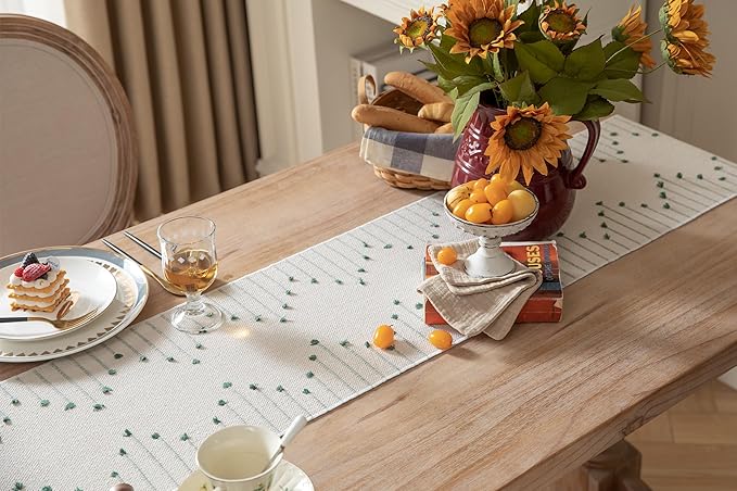 Boho Table Runner 13 x 108 Inch Long Natural Cotton Woven Runner with Tassels for Home Dining Table décor, for Modern Farmhouse Decor Coffee Table Runner, Green and Beige