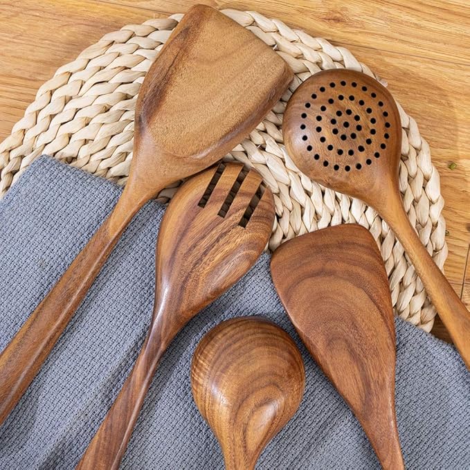Wood Utensils Set for Cooking, Teak Wooden Utensils Set Wood Spatula for Nonstick Cookware Kitchen Utensils Set 5