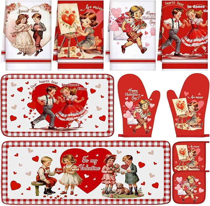 VitalCozy Set of 10 Valentines Kitchen Decor Vintage Kitchen Towels and Rugs Oven Mitts and Pot Holders Absorbent Tea Hand Towels for Accessories Gift