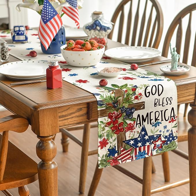 Artoid Mode Cross Star Floral Patriotic 4th of July Table Runner, Memorial Day Kitchen Dining Table Decoration for Home Party Decor 13x108 Inch