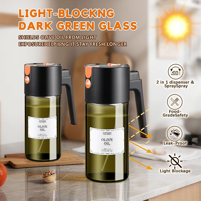 Glass 2 In 1 Olive Oil Dispenser Bottle for Kitchen Gadgets, Olive Oil Sprayer for Cooking 17oz/500ml (Light Blockage, Black)