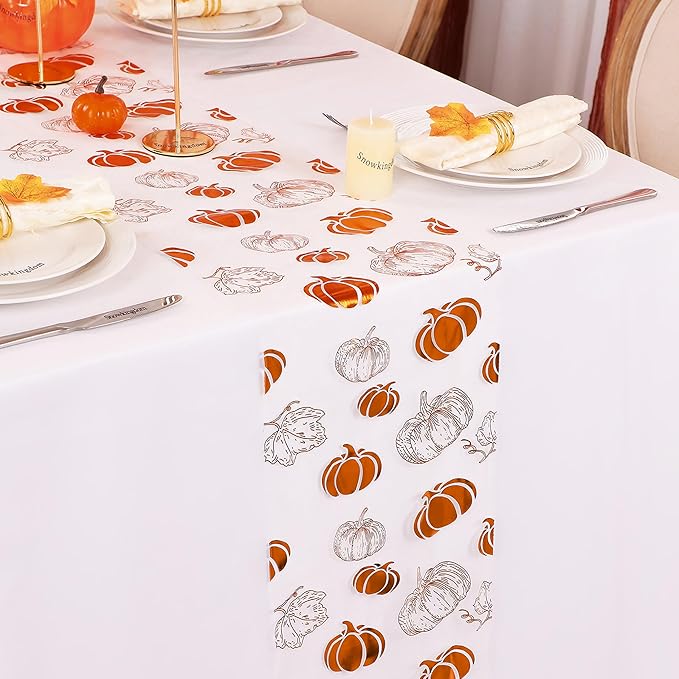 Snowkingdom Fall Orange Pumpkin Table Runner, Sequin Glitter Foil Metallic Thin Mesh Thanksgiving Runners 120", Orange Table Decorations for Seasonal Autumn Party