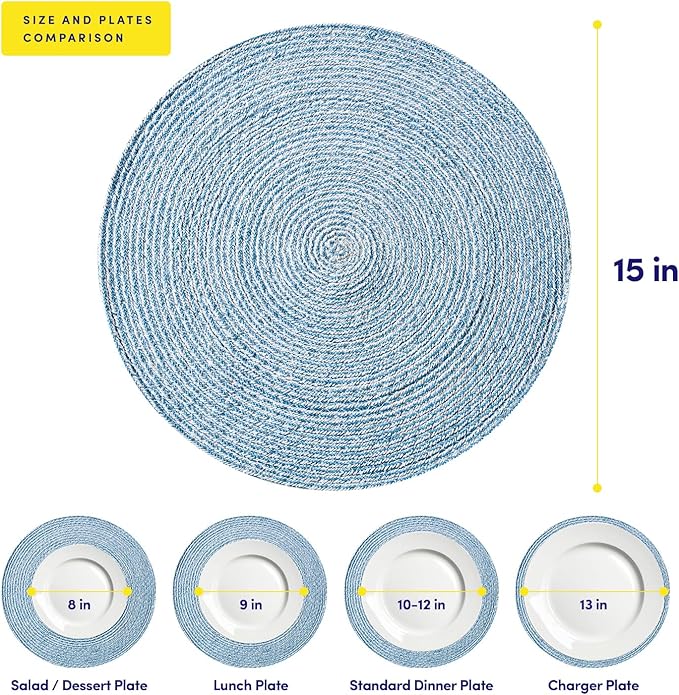 Round Placemats Set of 6-100% Cotton Two-Tone Placemat for Dining Table - Woven Braided Table Setting Place Mat - Washable Table Decor for Kitchen, Farmhouse, Rustic, Everyday Use, Dark Blue